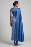 Blue Sheath Sequins Long Mother Of the Bride Dress with Side Cape
