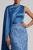 Blue Sheath Sequins Long Mother Of the Bride Dress with Side Cape