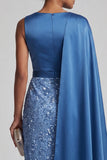 Blue Sheath Sequins Long Mother Of the Bride Dress with Side Cape