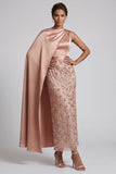Blue Sheath Sequins Long Mother Of the Bride Dress with Side Cape
