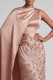 Blue Sheath Sequins Long Mother Of the Bride Dress with Side Cape