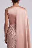 Blue Sheath Sequins Long Mother Of the Bride Dress with Side Cape