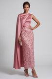 Blue Sheath Sequins Long Mother Of the Bride Dress with Side Cape