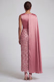 Blue Sheath Sequins Long Mother Of the Bride Dress with Side Cape