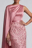 Blue Sheath Sequins Long Mother Of the Bride Dress with Side Cape