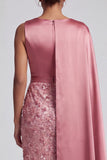 Blue Sheath Sequins Long Mother Of the Bride Dress with Side Cape