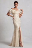 Off the Shoulder Apricot Mermaid Ruffled Sequin Long Mother Of the Bride Dress with Slit