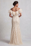 Off the Shoulder Apricot Mermaid Ruffled Sequin Long Mother Of the Bride Dress with Slit