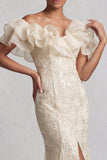 Off the Shoulder Apricot Mermaid Ruffled Sequin Long Mother Of the Bride Dress with Slit