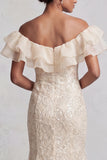 Off the Shoulder Apricot Mermaid Ruffled Sequin Long Mother Of the Bride Dress with Slit