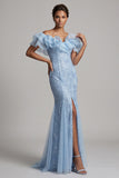 Off the Shoulder Apricot Mermaid Ruffled Sequin Long Mother Of the Bride Dress with Slit