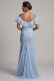 Off the Shoulder Apricot Mermaid Ruffled Sequin Long Mother Of the Bride Dress with Slit