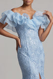 Off the Shoulder Apricot Mermaid Ruffled Sequin Long Mother Of the Bride Dress with Slit