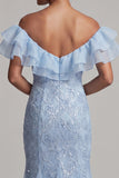Off the Shoulder Apricot Mermaid Ruffled Sequin Long Mother Of the Bride Dress with Slit