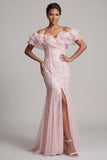 Off the Shoulder Apricot Mermaid Ruffled Sequin Long Mother Of the Bride Dress with Slit