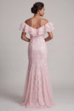 Off the Shoulder Apricot Mermaid Ruffled Sequin Long Mother Of the Bride Dress with Slit