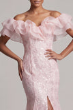 Off the Shoulder Apricot Mermaid Ruffled Sequin Long Mother Of the Bride Dress with Slit