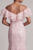 Off the Shoulder Apricot Mermaid Ruffled Sequin Long Mother Of the Bride Dress with Slit