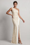 One Shoulder Mermaid Light Pink Sequins Long Mother Of the Bride Dress with Slit