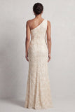 One Shoulder Mermaid Light Pink Sequins Long Mother Of the Bride Dress with Slit