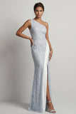 One Shoulder Mermaid Light Pink Sequins Long Mother Of the Bride Dress with Slit