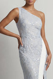 One Shoulder Mermaid Light Pink Sequins Long Mother Of the Bride Dress with Slit