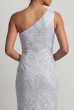 One Shoulder Mermaid Light Pink Sequins Long Mother Of the Bride Dress with Slit