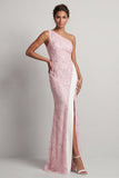 One Shoulder Mermaid Light Pink Sequins Long Mother Of the Bride Dress with Slit