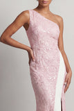 One Shoulder Mermaid Light Pink Sequins Long Mother Of the Bride Dress with Slit