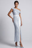 One Shoulder Mermaid Dusty Blue Long Sequin Mother Of the Bride Dress with Slit