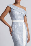 One Shoulder Mermaid Dusty Blue Long Sequin Mother Of the Bride Dress with Slit