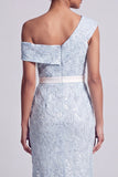One Shoulder Mermaid Dusty Blue Long Sequin Mother Of the Bride Dress with Slit