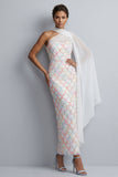 One Shoulder Sheath Light Blue Sequins Long Mother Of the Bride Dress with Side Cape