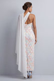 One Shoulder Sheath Light Blue Sequins Long Mother Of the Bride Dress with Side Cape