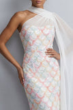 One Shoulder Sheath Light Blue Sequins Long Mother Of the Bride Dress with Side Cape