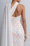 One Shoulder Sheath Light Blue Sequins Long Mother Of the Bride Dress with Side Cape
