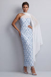 One Shoulder Sheath Light Blue Sequins Long Mother Of the Bride Dress with Side Cape