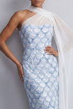 One Shoulder Sheath Light Blue Sequins Long Mother Of the Bride Dress with Side Cape