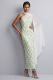 One Shoulder Sheath Light Blue Sequins Long Mother Of the Bride Dress with Side Cape