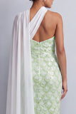 One Shoulder Sheath Light Blue Sequins Long Mother Of the Bride Dress with Side Cape