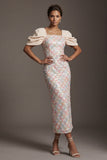 Blush Sheath Back Slit Long Sequin Mother Of the Bride Dress with Puff Sleeves