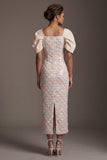 Blush Sheath Back Slit Long Sequin Mother Of the Bride Dress with Puff Sleeves