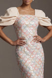 Blush Sheath Back Slit Long Sequin Mother Of the Bride Dress with Puff Sleeves