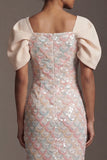 Blush Sheath Back Slit Long Sequin Mother Of the Bride Dress with Puff Sleeves