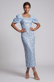Blush Sheath Back Slit Long Sequin Mother Of the Bride Dress with Puff Sleeves