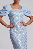 Blush Sheath Back Slit Long Sequin Mother Of the Bride Dress with Puff Sleeves