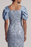 Blush Sheath Back Slit Long Sequin Mother Of the Bride Dress with Puff Sleeves