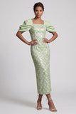 Blush Sheath Back Slit Long Sequin Mother Of the Bride Dress with Puff Sleeves