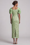 Blush Sheath Back Slit Long Sequin Mother Of the Bride Dress with Puff Sleeves