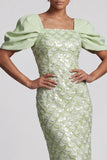 Blush Sheath Back Slit Long Sequin Mother Of the Bride Dress with Puff Sleeves